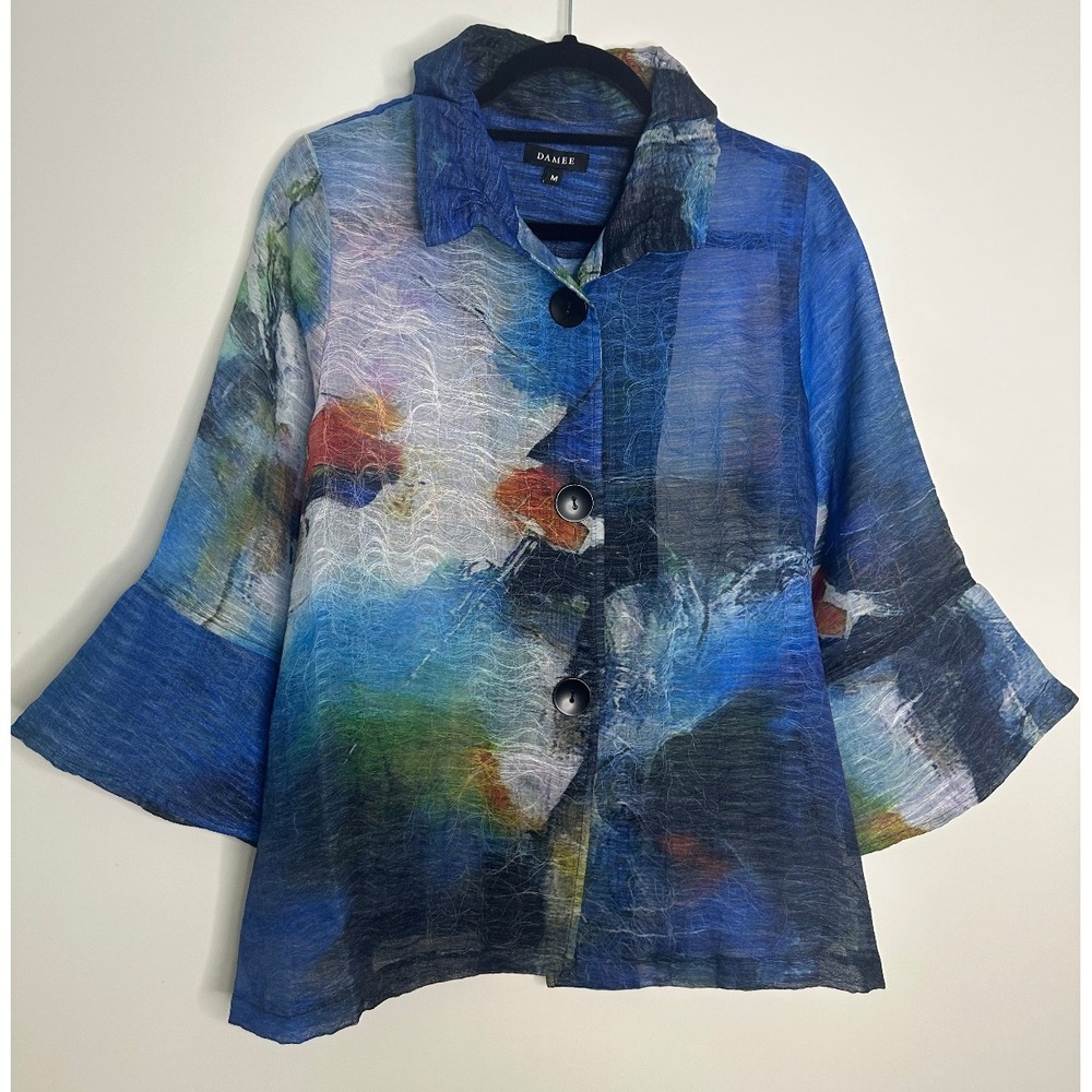 Damee Abstract Art to Wear Sheer Textured Button Up Jacket Topper Blue Medium - Picture 2 of 12